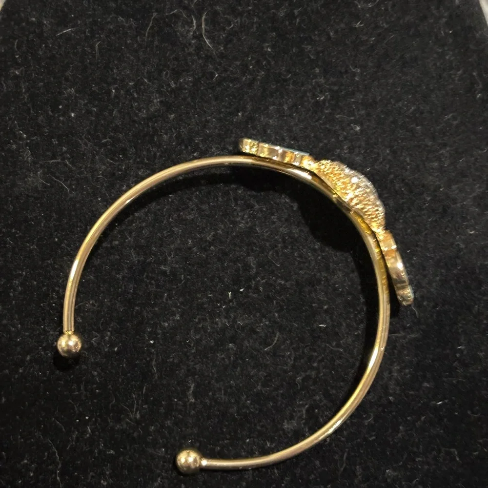 Teal and rhinestone bangle bracelet adjustable, gold tone new - Picture 3 of 4